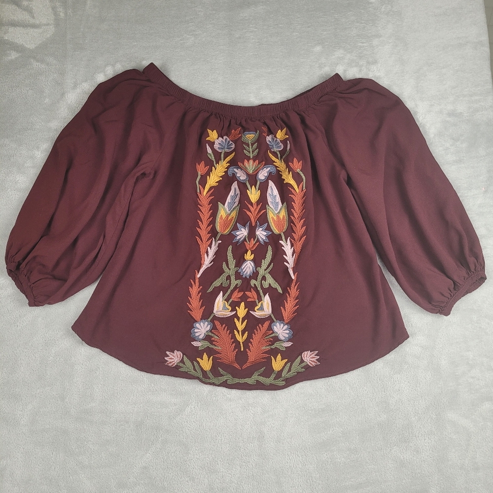 Solitaire Women's Top Blouse L Embroidered Boho Maroon Size Large